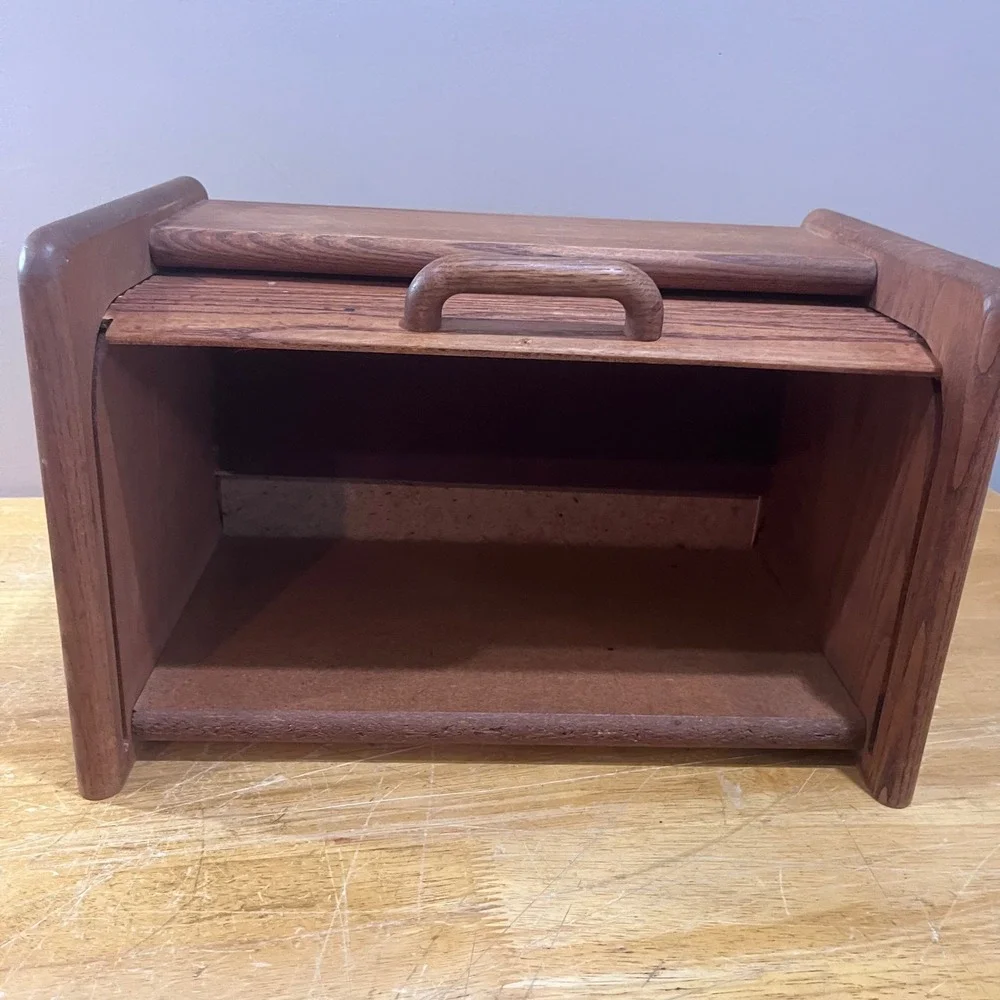 Vtg Mid Century Modern Oak Wood Roll Top‎ Bread Box Kitchen Countertop Storage